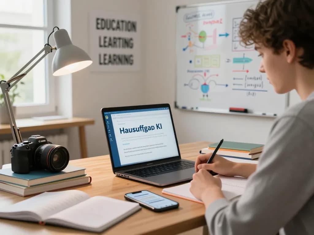 Student nutzt Hausaufgaben KI in einem modernen Studienaufbau mit Lehrbüchern und Notizbüchern.