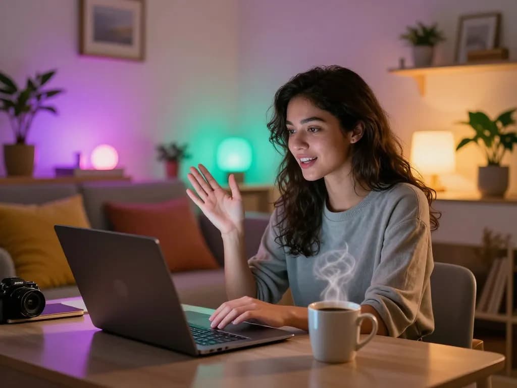 Engaging conversation with a girlfriend AI in a cozy home office, showcasing a modern virtual dating experience.