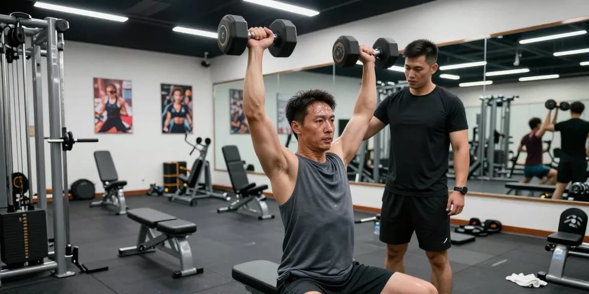 Medi Pharma Steroid Shop in einem modernen Fitnessstudio mit sportlicher Person beim Schulterdrücken