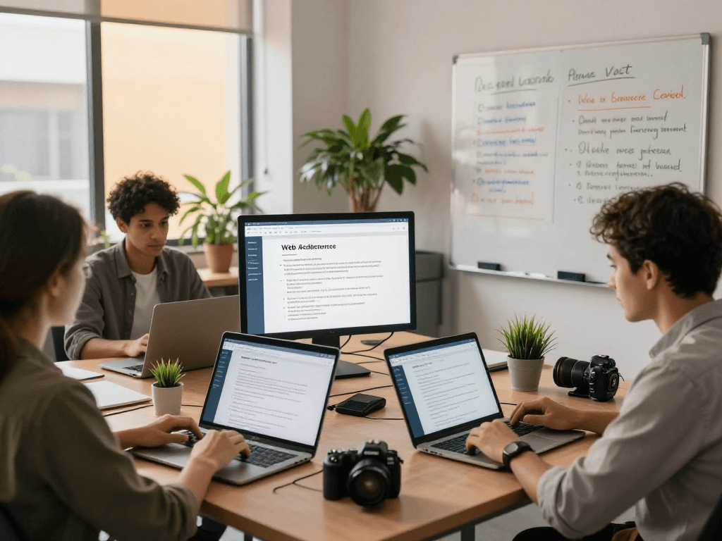 Barrierefreie und rechtssichere Webseiten Dienstleistung im modernen Büro mit Teamarbeit zur Verbesserung der Zugänglichkeit.