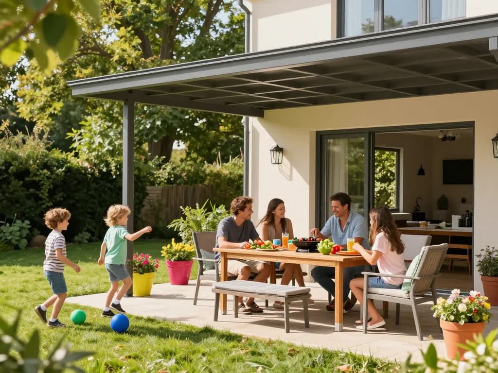 Familie genießt ein Barbecue unter einer stilvollen Terrassenüberdachung auf einer sonnigen Außenterrasse.
