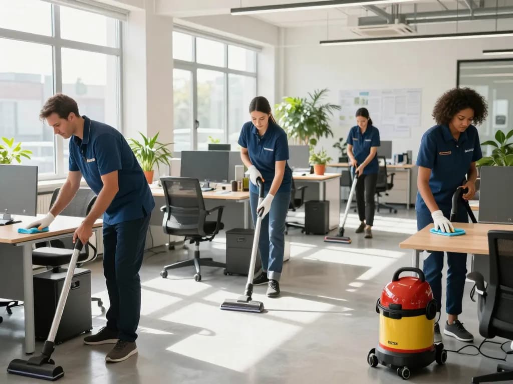 Gebäudereinigung für Unternehmen in Dülmen mit professionellen Reinigungsfachkräften in einem modernen Büroumfeld zur Gewährleistung höchster Hygienestandards.