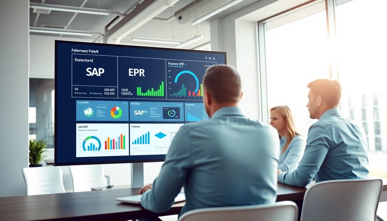 Team collaborates using SAP ERP software in a bright office environment.