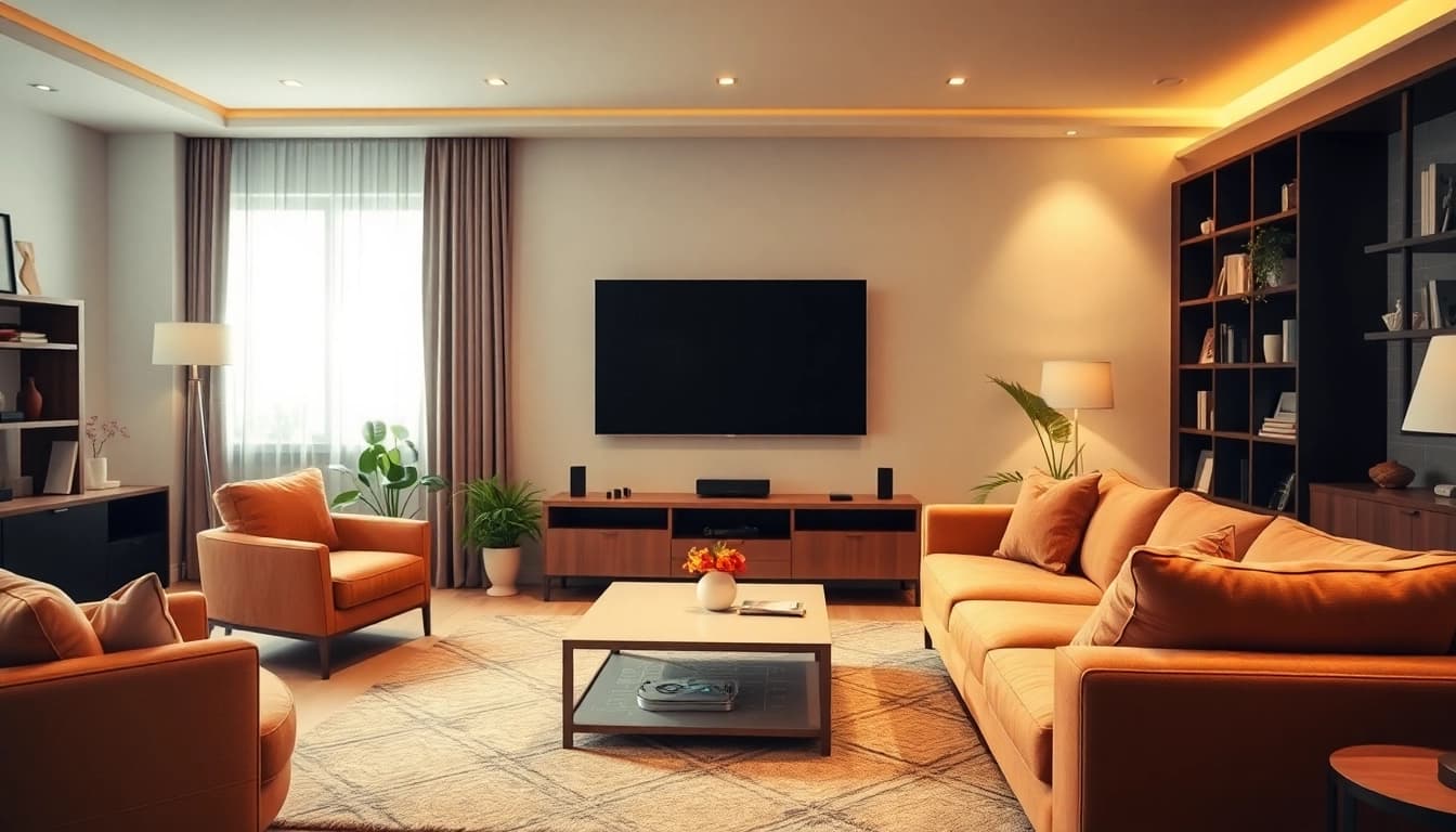 IPTV Anbieter Empfehlung mit modernem Wohnzimmer-Setup und gemütlicher Atmosphäre