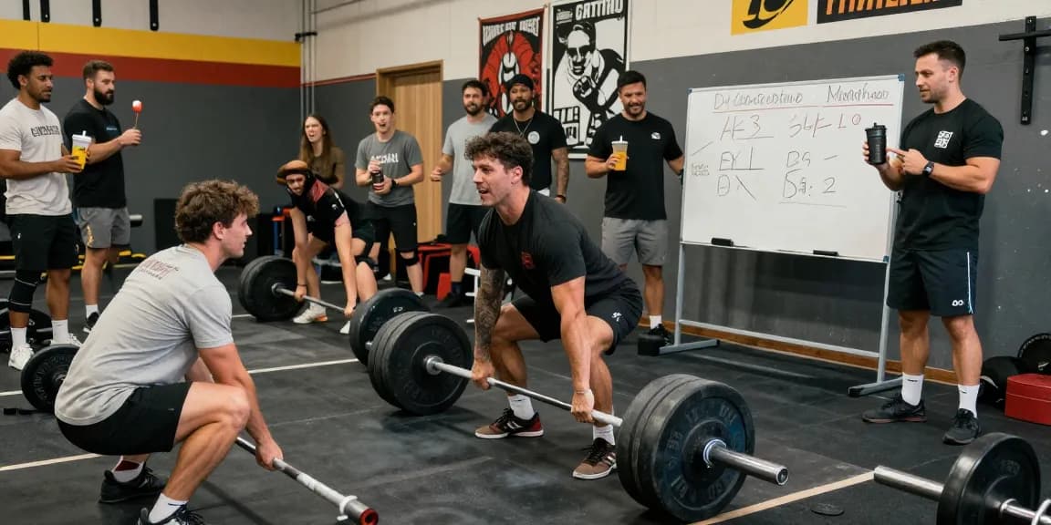 Selliza Shop: Bodybuilder beim Krafttraining in moderner Fitnessumgebung, Intensität und Teamgeist spürbar.