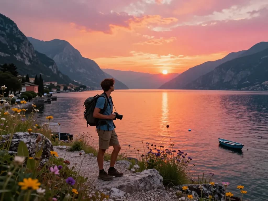 Beeindruckende Aussicht auf den Sonnenuntergang am Gardasee, die Gardasee Reisetipps für Reisende zeigt, die malerische Landschaften erkunden.