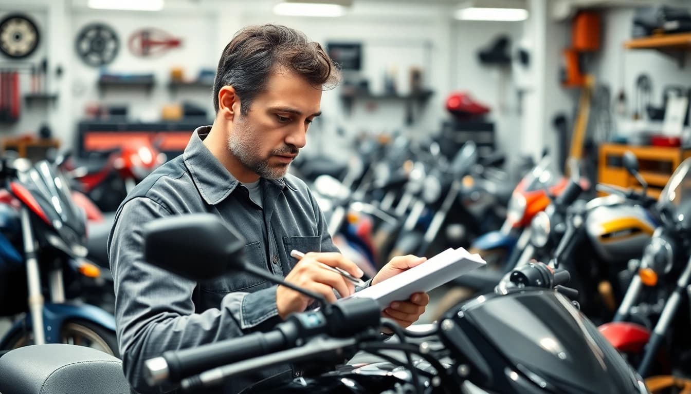 Motorrad Gutachter prüft die Qualität eines Motorrads in einer professionellen Werkstatt.