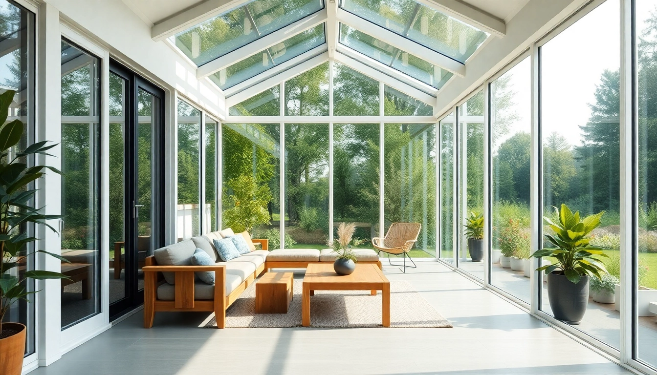 Wintergarten Konfigurator zeigt einen stilvollen Wintergarten mit Glaswaenden und einladendem Interieur.