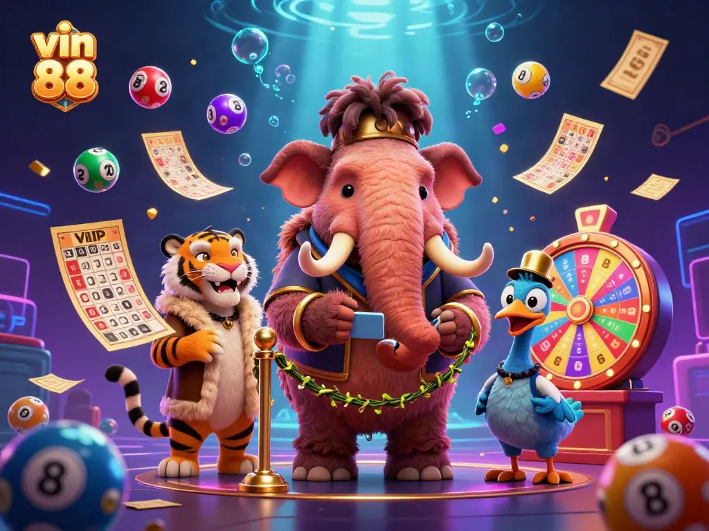 Experience thrilling entertainment at vin 88 with a dynamic casino scene featuring colorful lottery elements and cartoon characters.