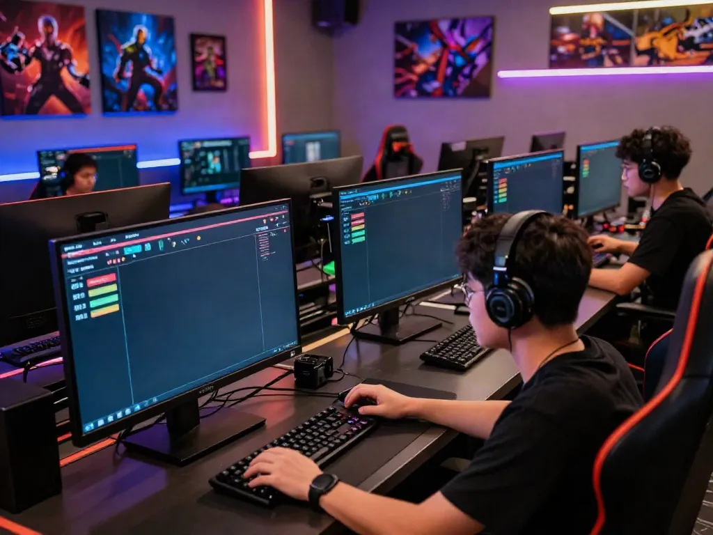 Engaging online gaming experience at sv88 with multiple screens and colorful LED lighting.