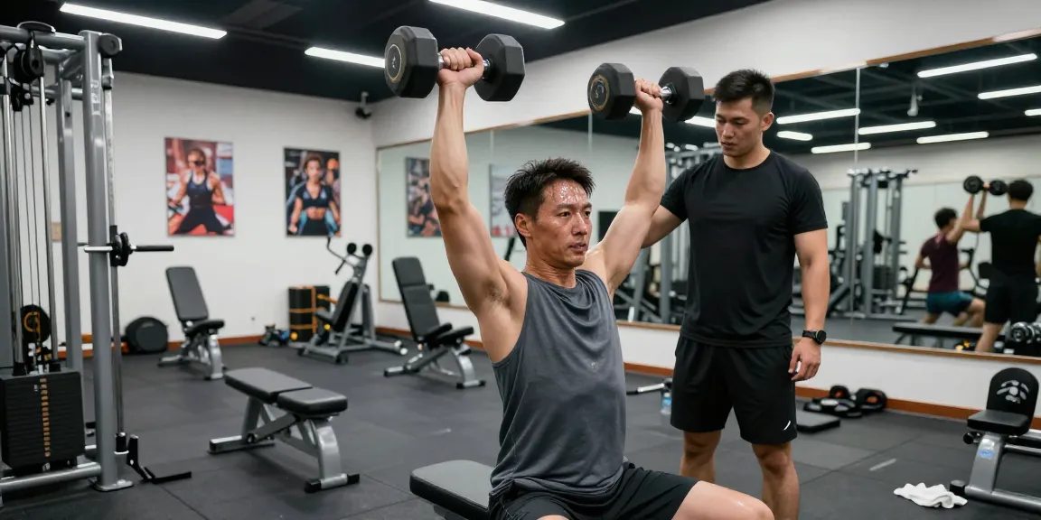 Medi Pharma Steroid Shop in einem modernen Fitnessstudio mit sportlicher Person beim Schulterdrücken
