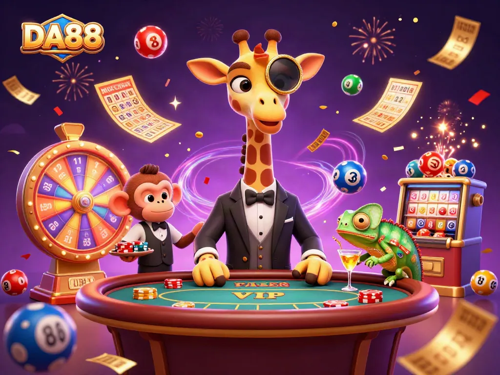 Experience excitement with DA88's vibrant casino scene featuring a giraffe, monkey, and chameleon.