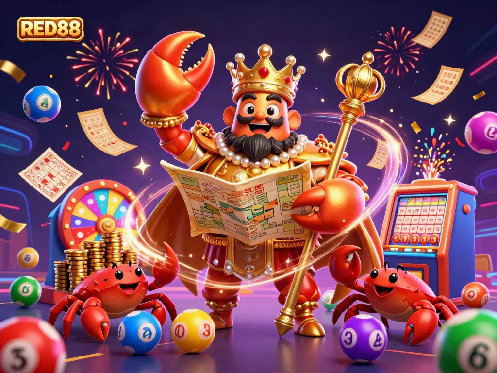 Experience the excitement of RED88 with golden crab emperor, lottery elements, and vibrant casino energy.