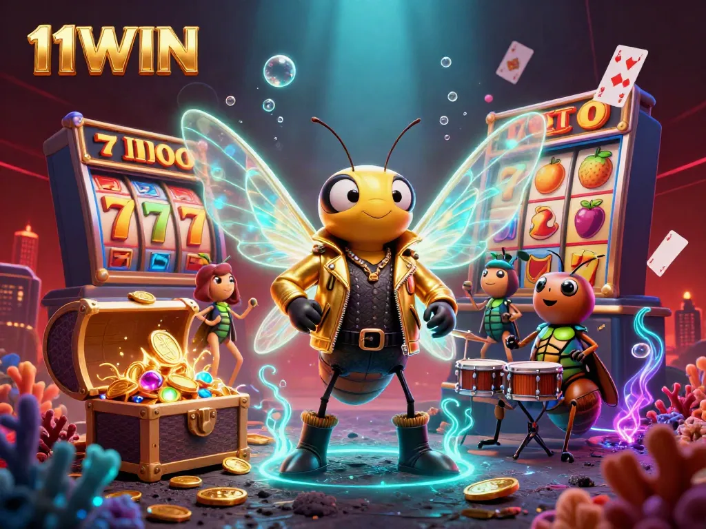 Engage in 11WIN casino excitement with a dynamic scene featuring a rock star cicada and vibrant gambling elements.