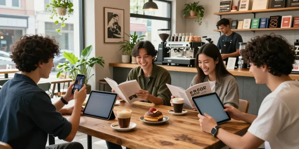 Social gathering at a trendy cafe where friends enjoy rokok88 coffee and pastries in a lively atmosphere.