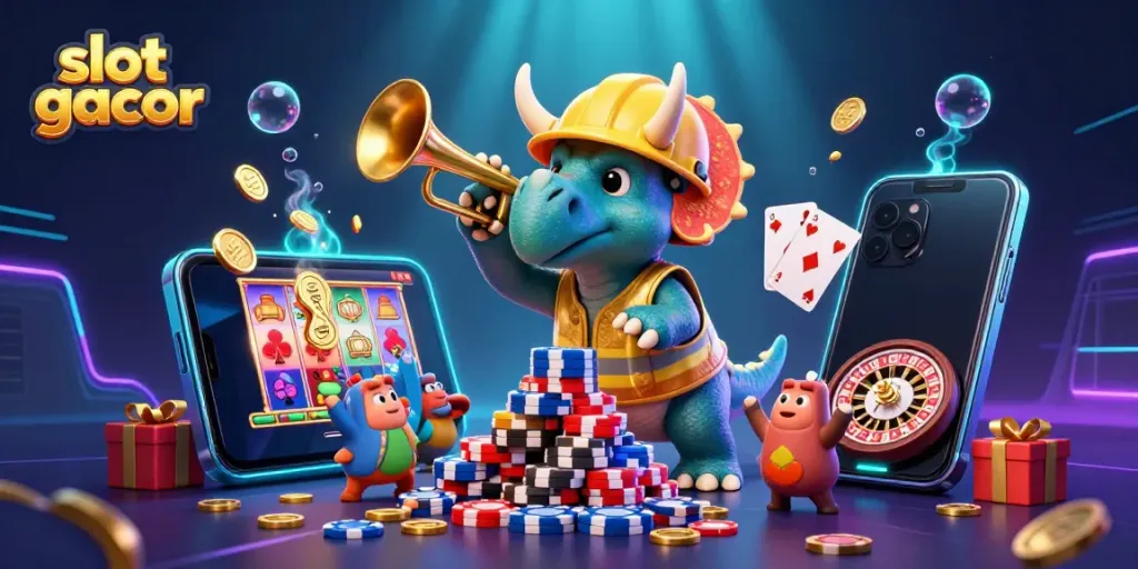 Celebrate big wins with slot gacor in this vibrant illustration of a dinosaur casino adventure.