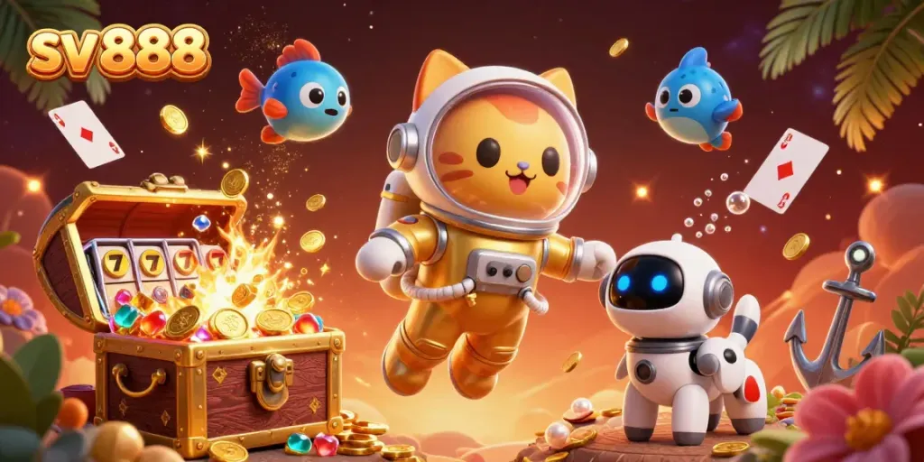 Experience thrilling wins at sv 888 with dynamic treasure scenes featuring vibrant slot reels and exciting treasures.