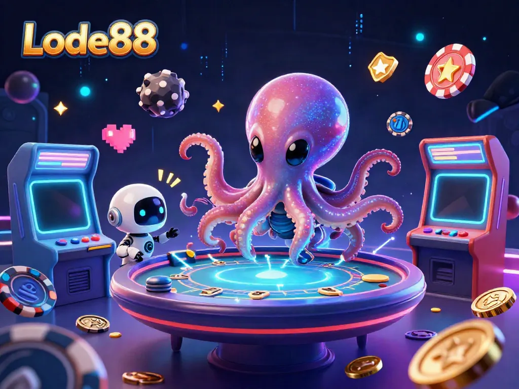 Lode88 promotes vibrant gaming action with a shimmering octopus dealer amidst neon elements.