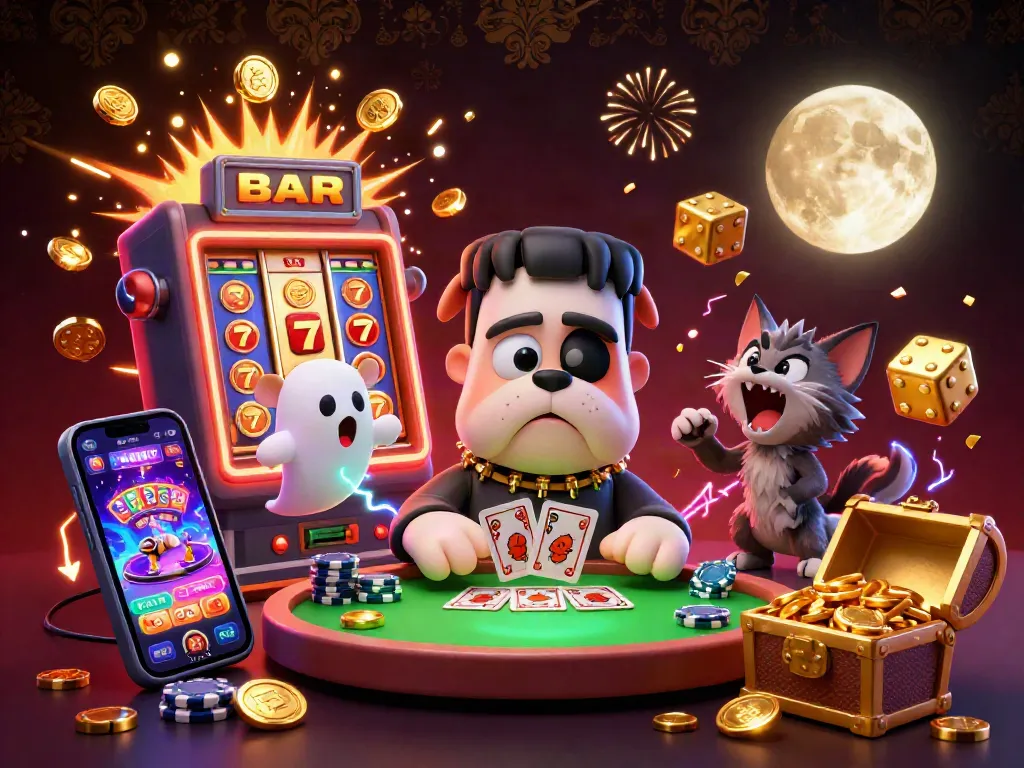 Experience thrilling gaming excitement with yo88 as a Frankenstein bulldog deals cards amidst a jackpot explosion.