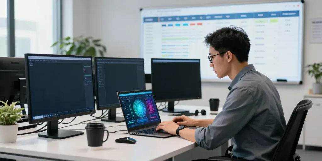 Professioneller IT Support Frankfurt in moderner Büroumgebung mit Techniker am Laptop.