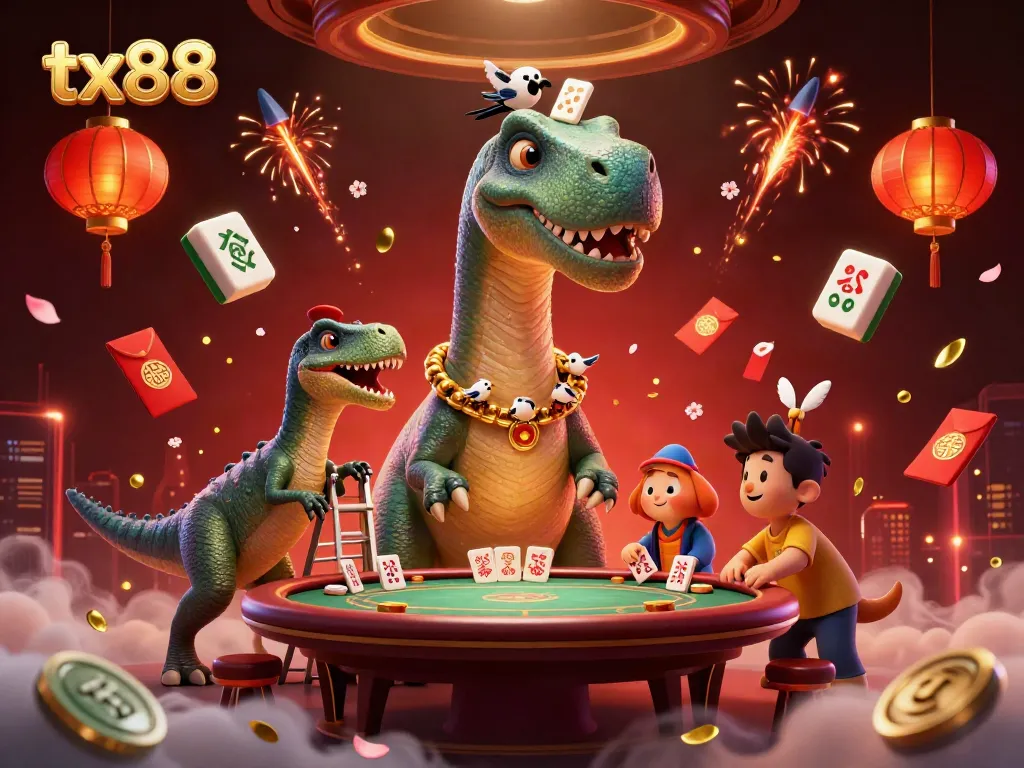 Experience the excitement of tx88 with a vibrant cartoon scene featuring a giant brontosaurus in a casino setting.
