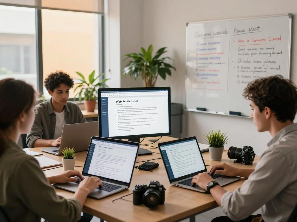 Barrierefreie und rechtssichere Webseiten Dienstleistung im modernen Büro mit Teamarbeit zur Verbesserung der Zugänglichkeit.