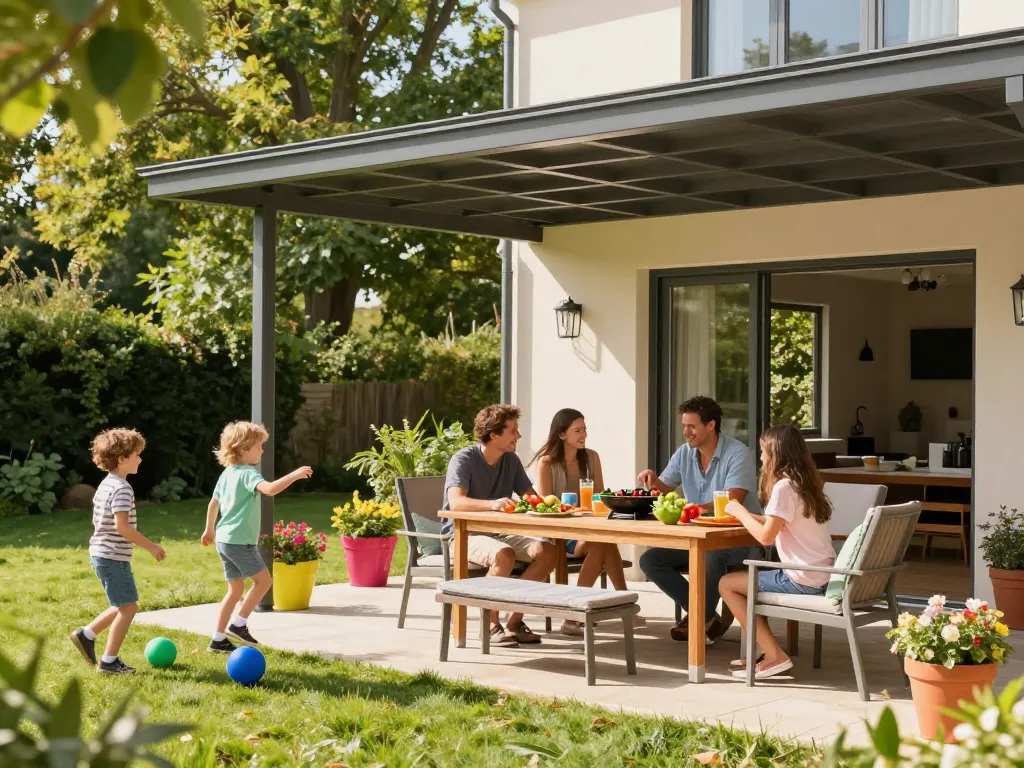 Familie genießt ein Barbecue unter einer stilvollen Terrassenüberdachung auf einer sonnigen Außenterrasse.
