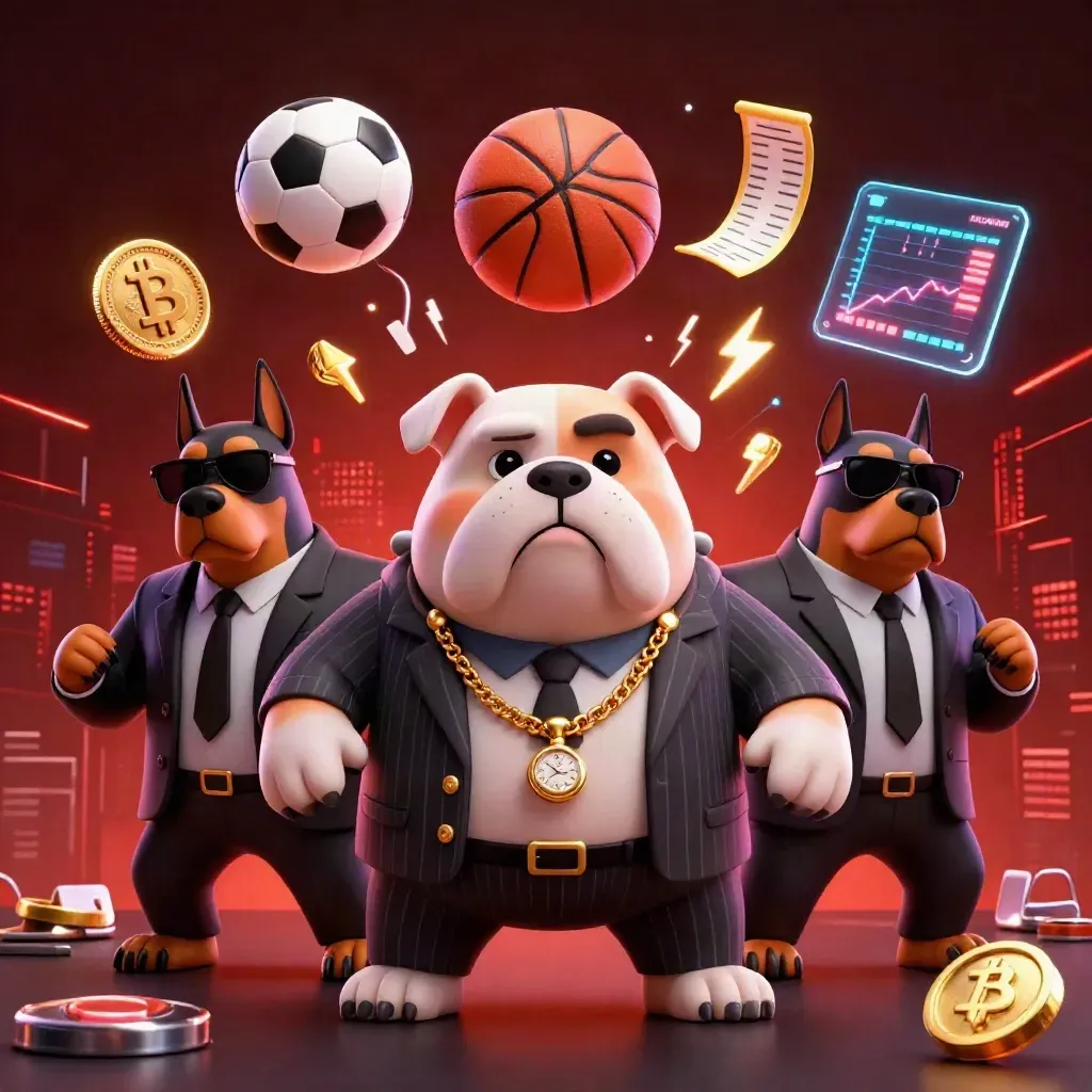 Mafia-Bulldogge mit zwei Dobermännern, Coins, Blitz und Sportbällen vor dunkelrotem Skyline-Hintergrund.