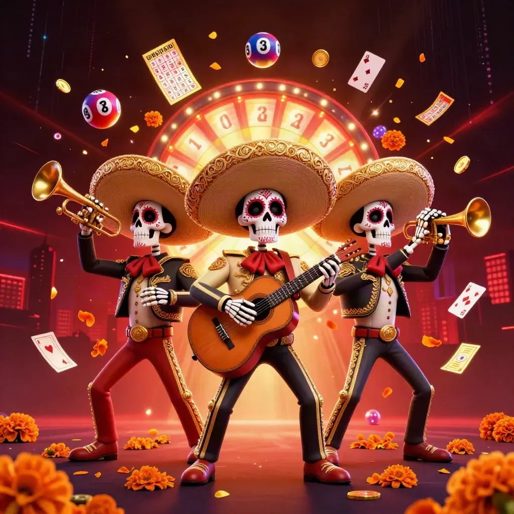 Drei Day-of-the-Dead-Skelett-Mariachis im Neonlicht vor dunkler Berliner Skyline.