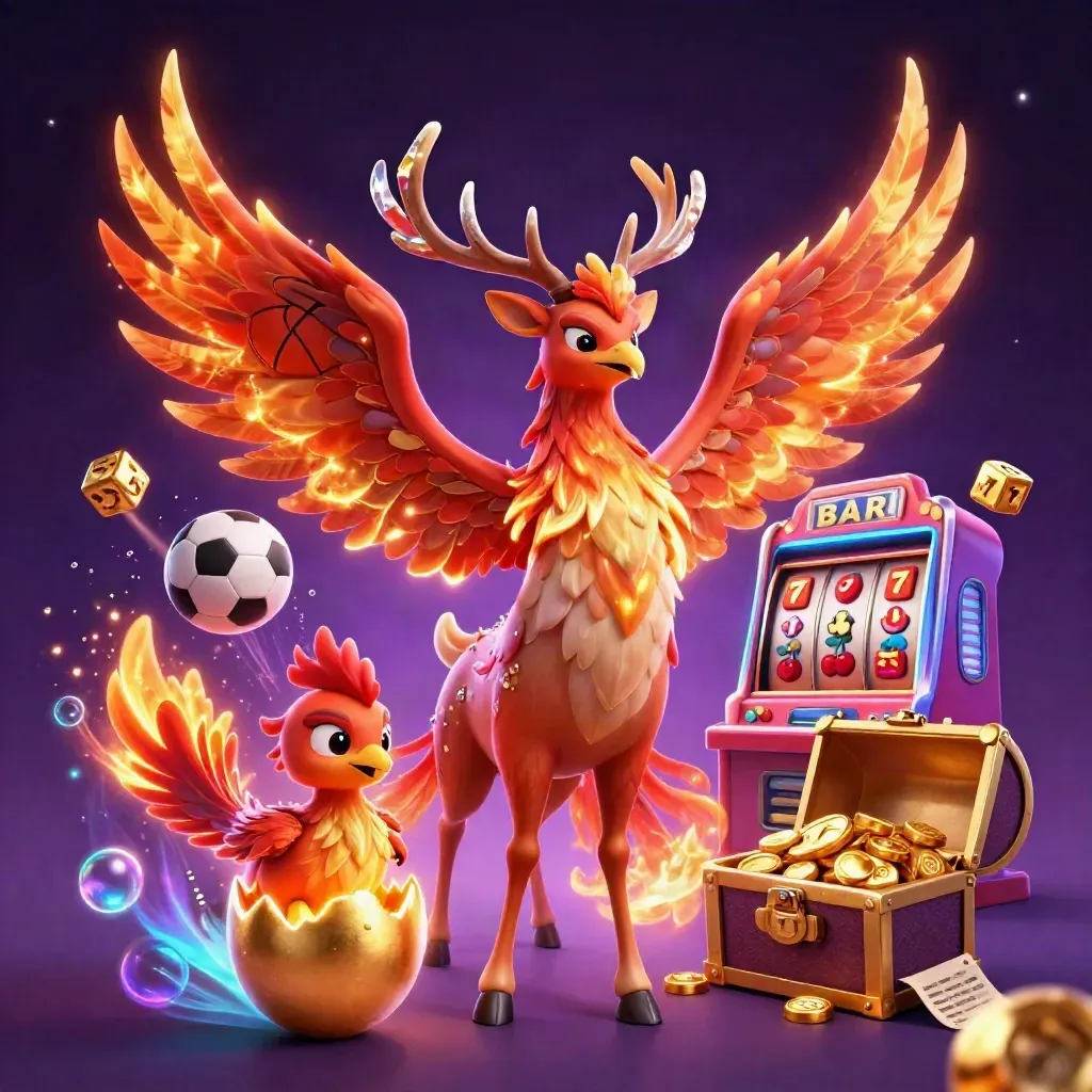 Phönix, Babyphönix und Hirsch vor Slotmaschine, Gold, Sternenhimmel und magischem Neonlicht.