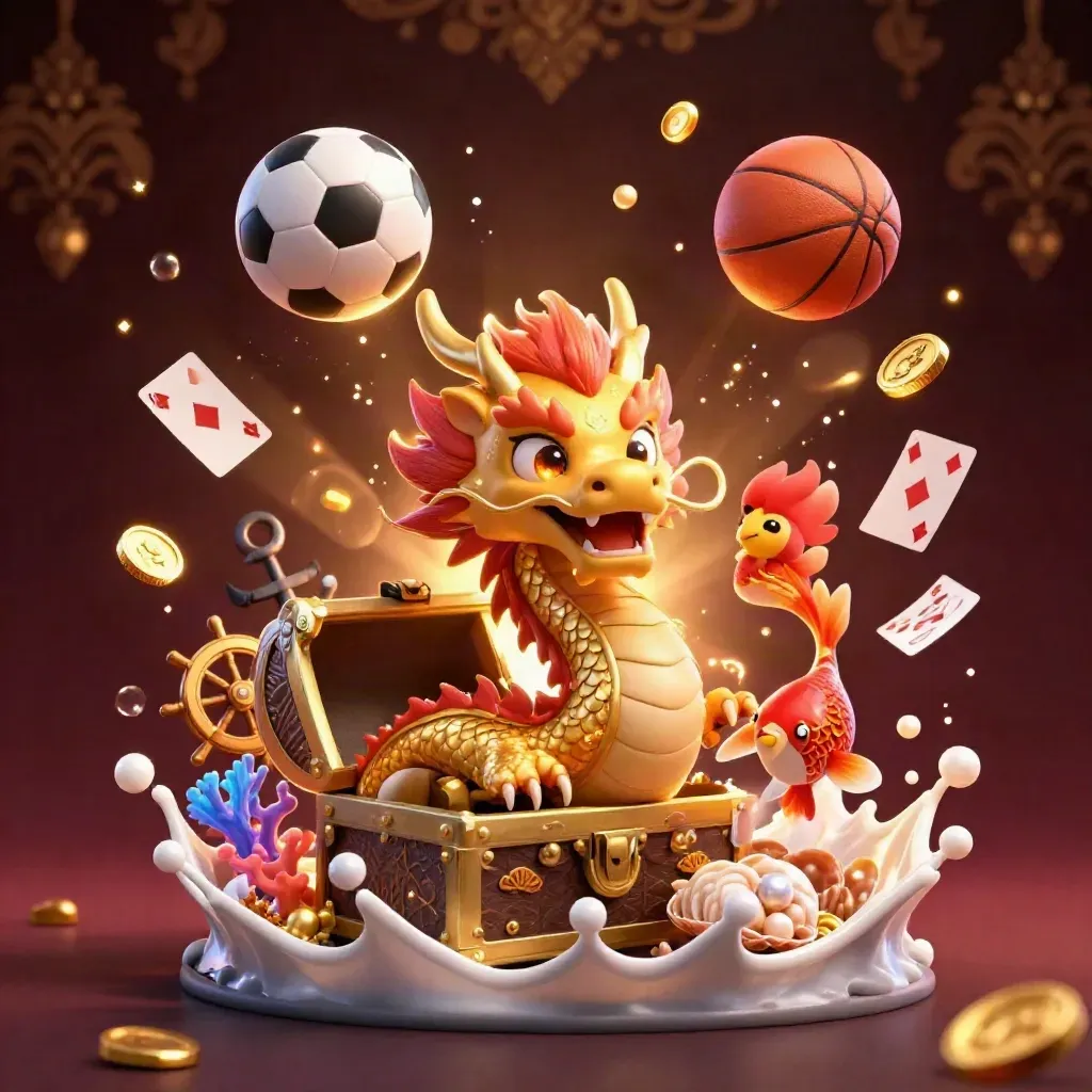 Goldener Drache mit Phönix und Koi, Bälle, Münzen und Licht über dunklem Burgunder.