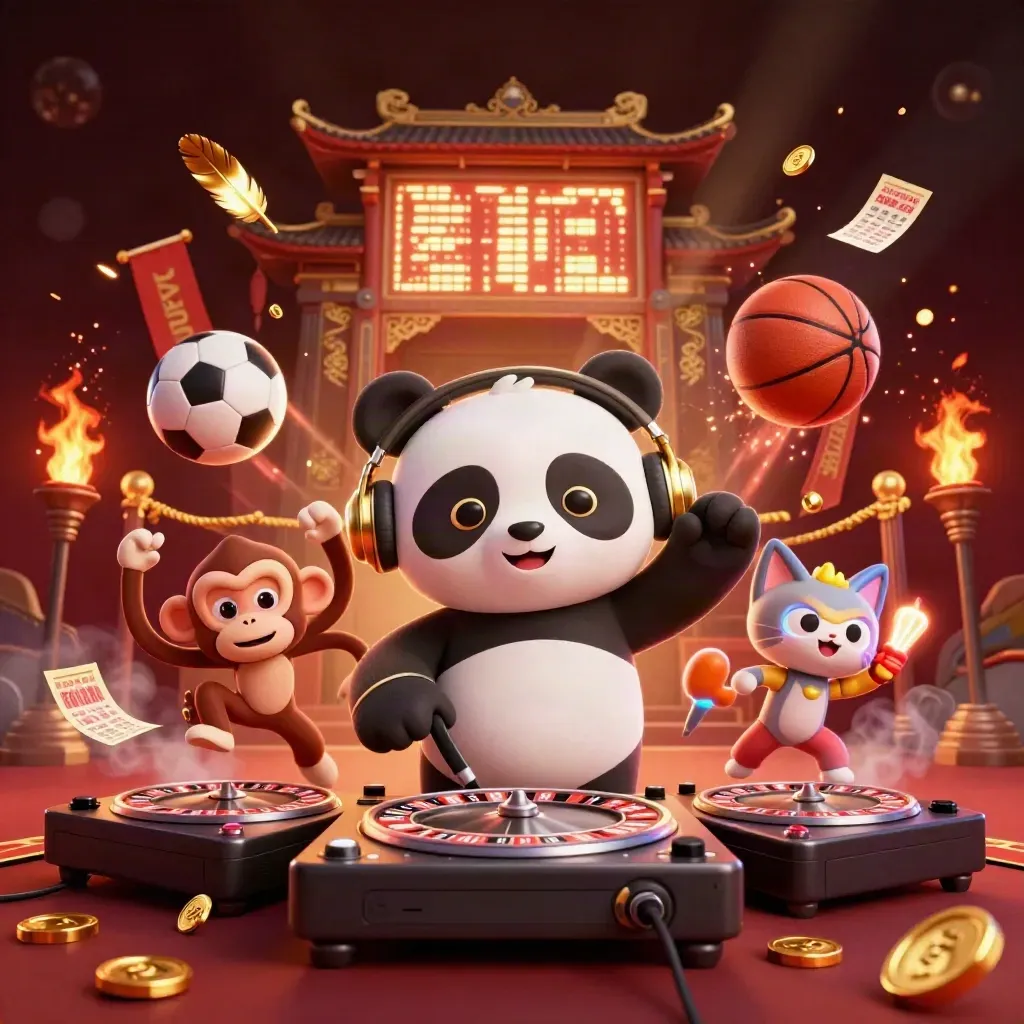Bunte Casino-Kunst mit Panda, Affe und Katze vor Goldornamenten und Flammen.
