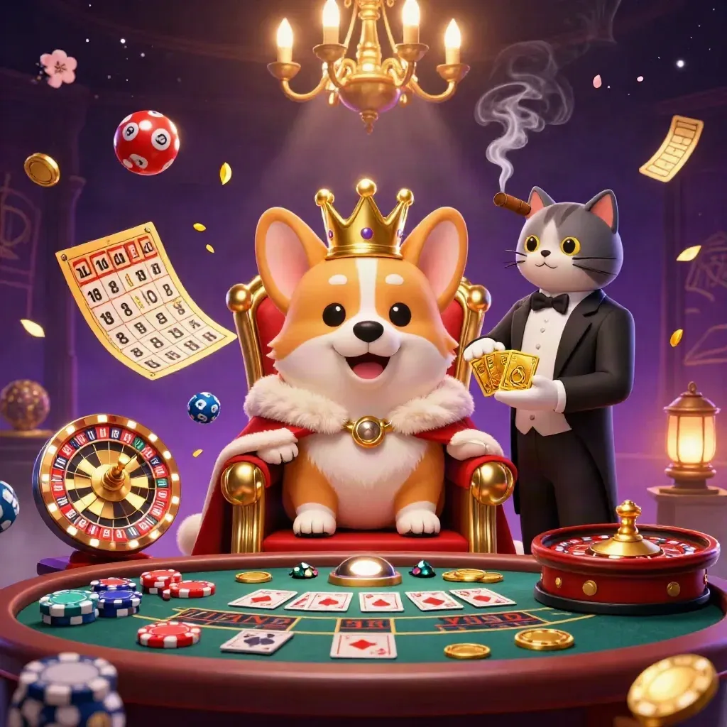 Royaler Corgi und Katzenbutler im Casino, umgeben von Spielsymbolen, Gold und magischem Licht.