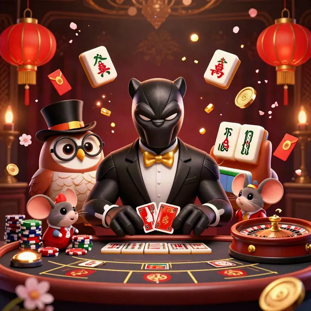 Panther, Eule und Maus im edlen Berliner Casino-Look mit Gold, Rot und Licht