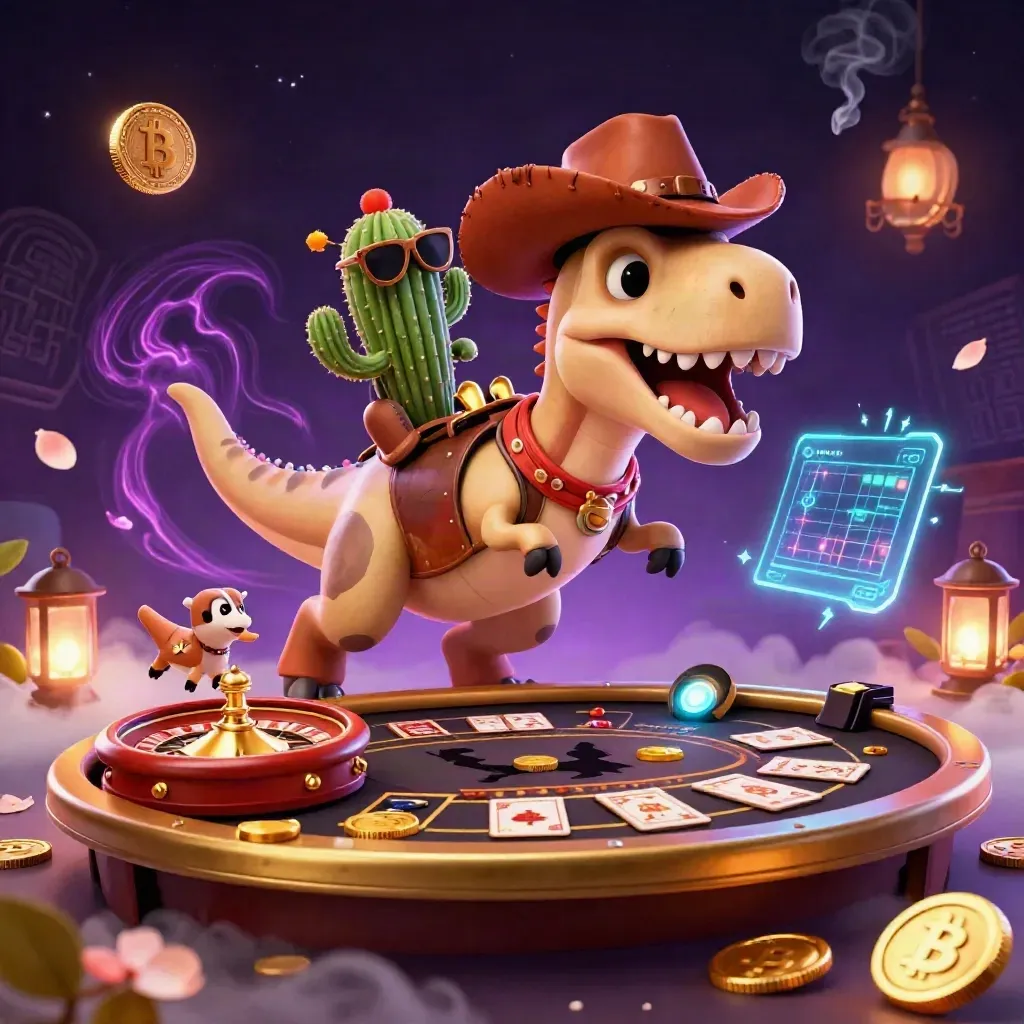 Cowboy-T-Rex, Kaktus und Roadrunner in einer glamourösen Casino-Szene mit Goldglanz.