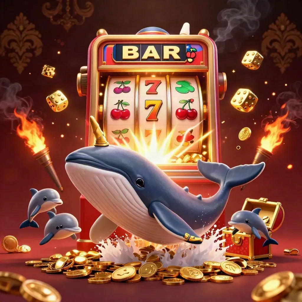 Whale, Narwal und Delfine mit Münzen, Gold und Slot-Effekten im Casino-Look