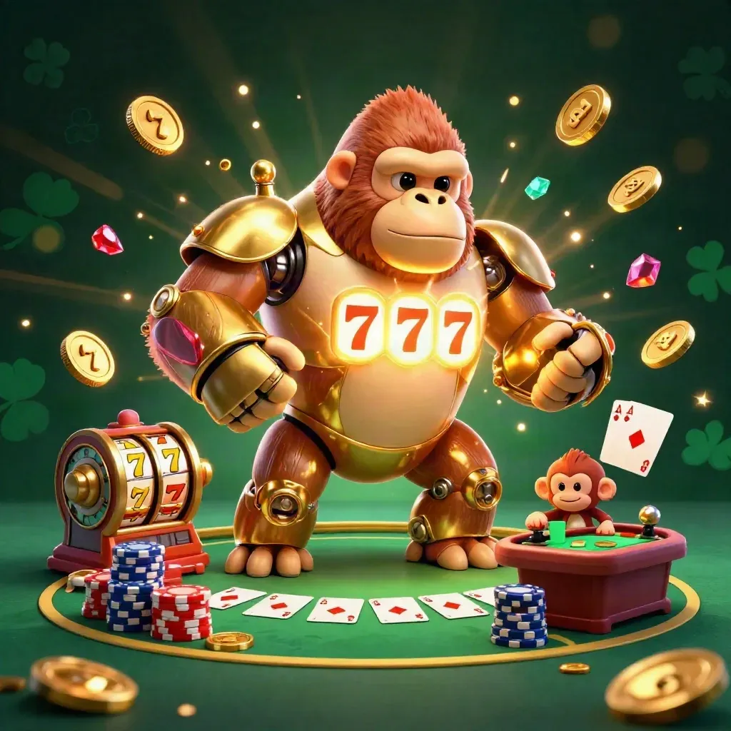 Goldener Gorilla-Mech mit Affenpilot, Pokerchips, Karten und grünem Casino-Hintergrund.