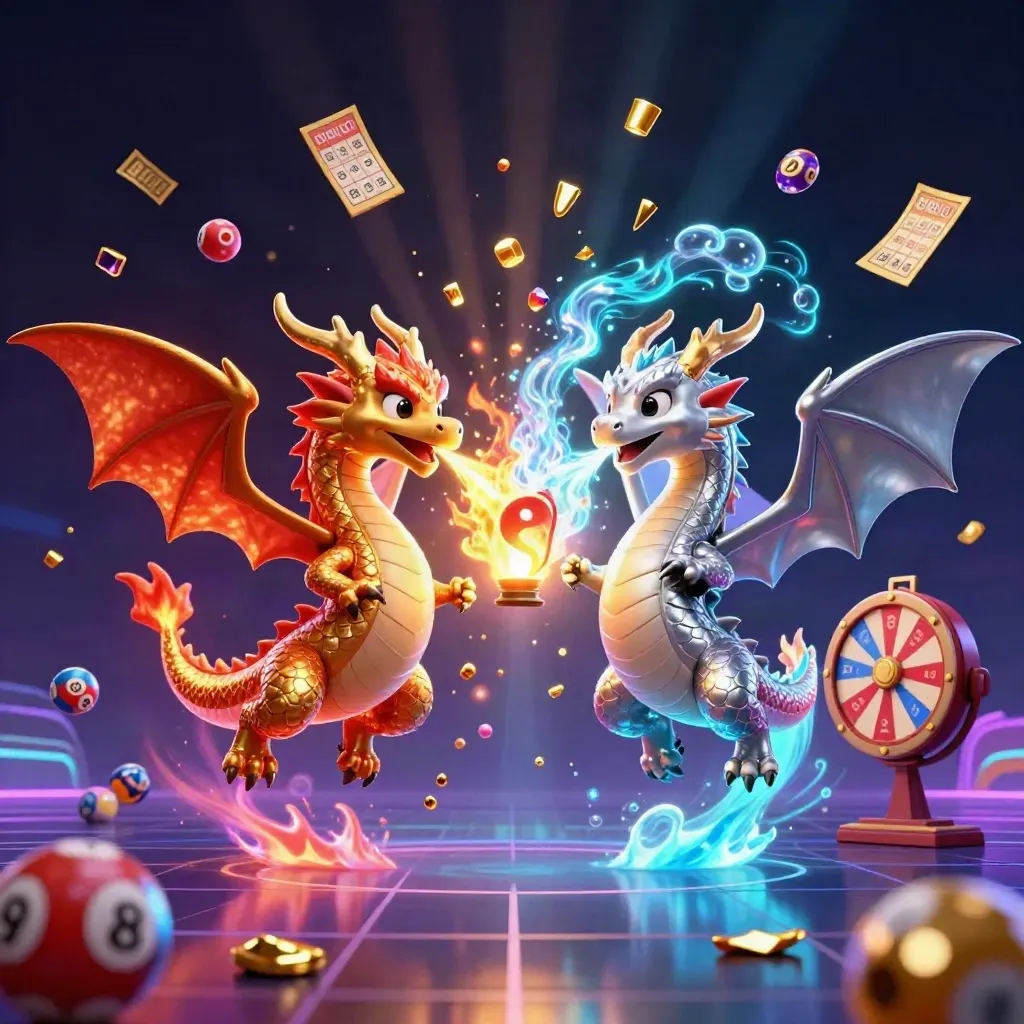 Zwei Drachen im Flug, ein Laternengeist dazwischen, Gold und Spielkarten wirbeln im Neonlicht.
