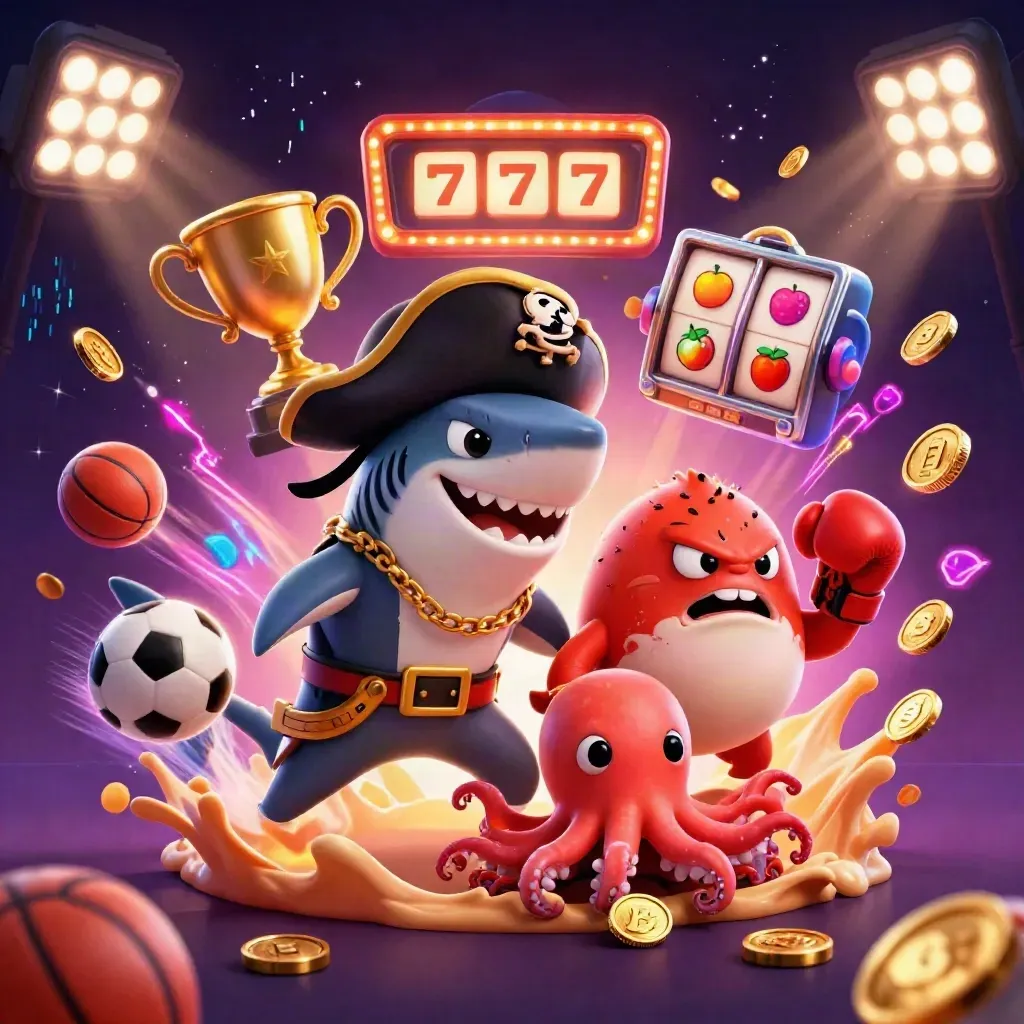 Piratenhai, Pufferfisch und Baby-Oktopus zwischen Münzen, Bällen und Neonlicht.