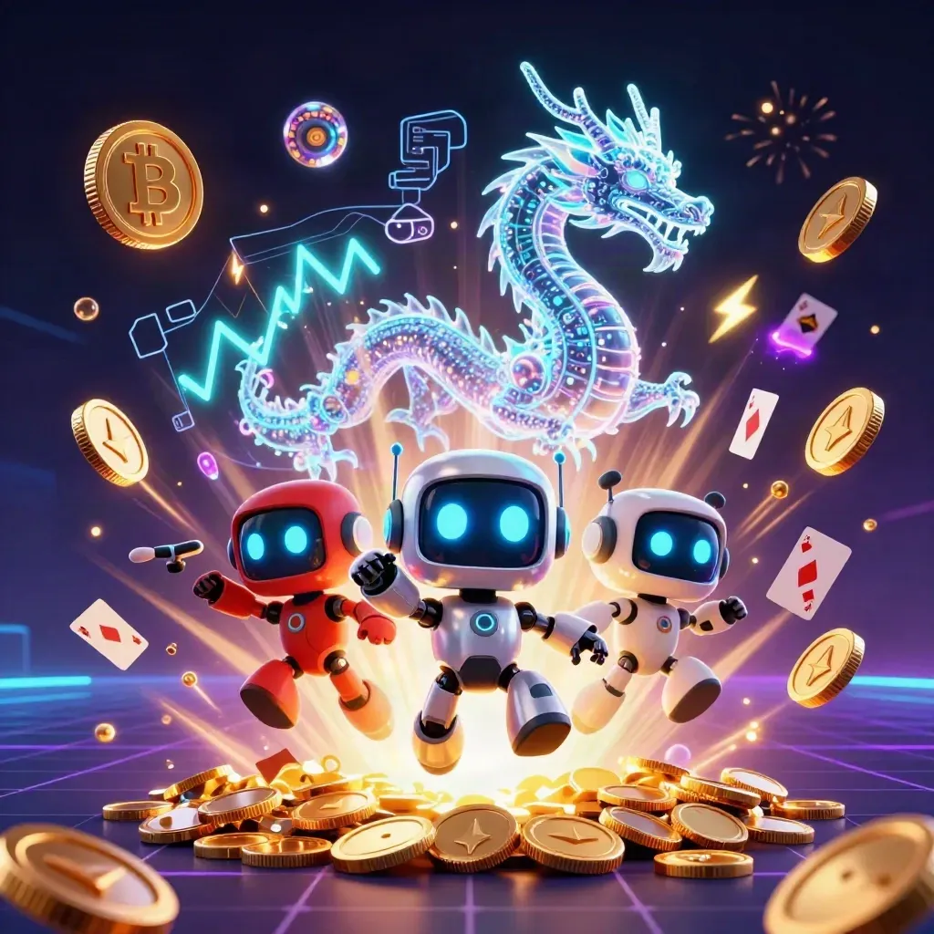 Roboter, Holo-Drache und Drohne zwischen Goldmünzen, Karten und Neonlichtern