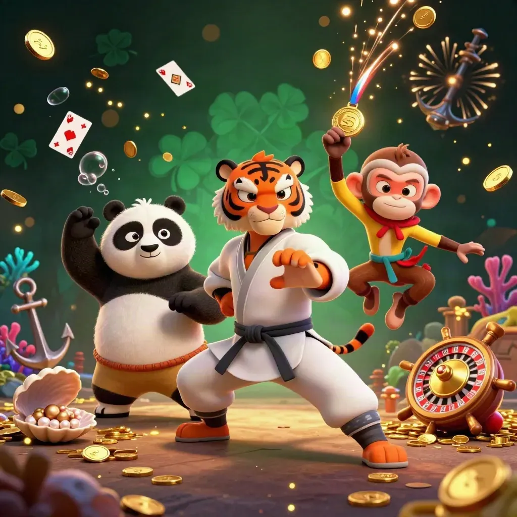 Tiger, Panda und Affe feiern im Schatzmeer mit Goldmünzen, Karten und Feuerwerksglanz.