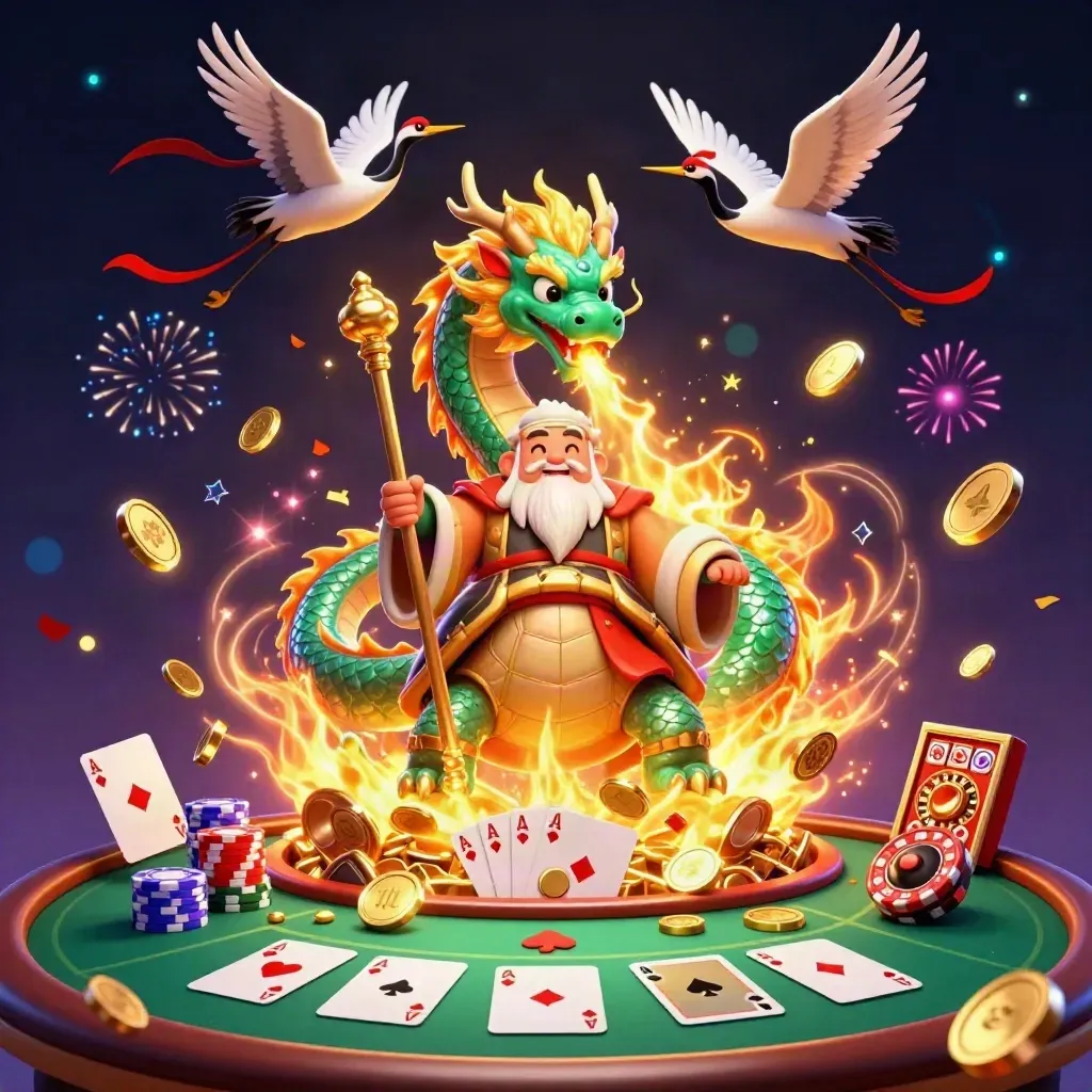 Drache, Schildkröte und Kraniche bei goldener Casino-Explosion mit Pokerchips