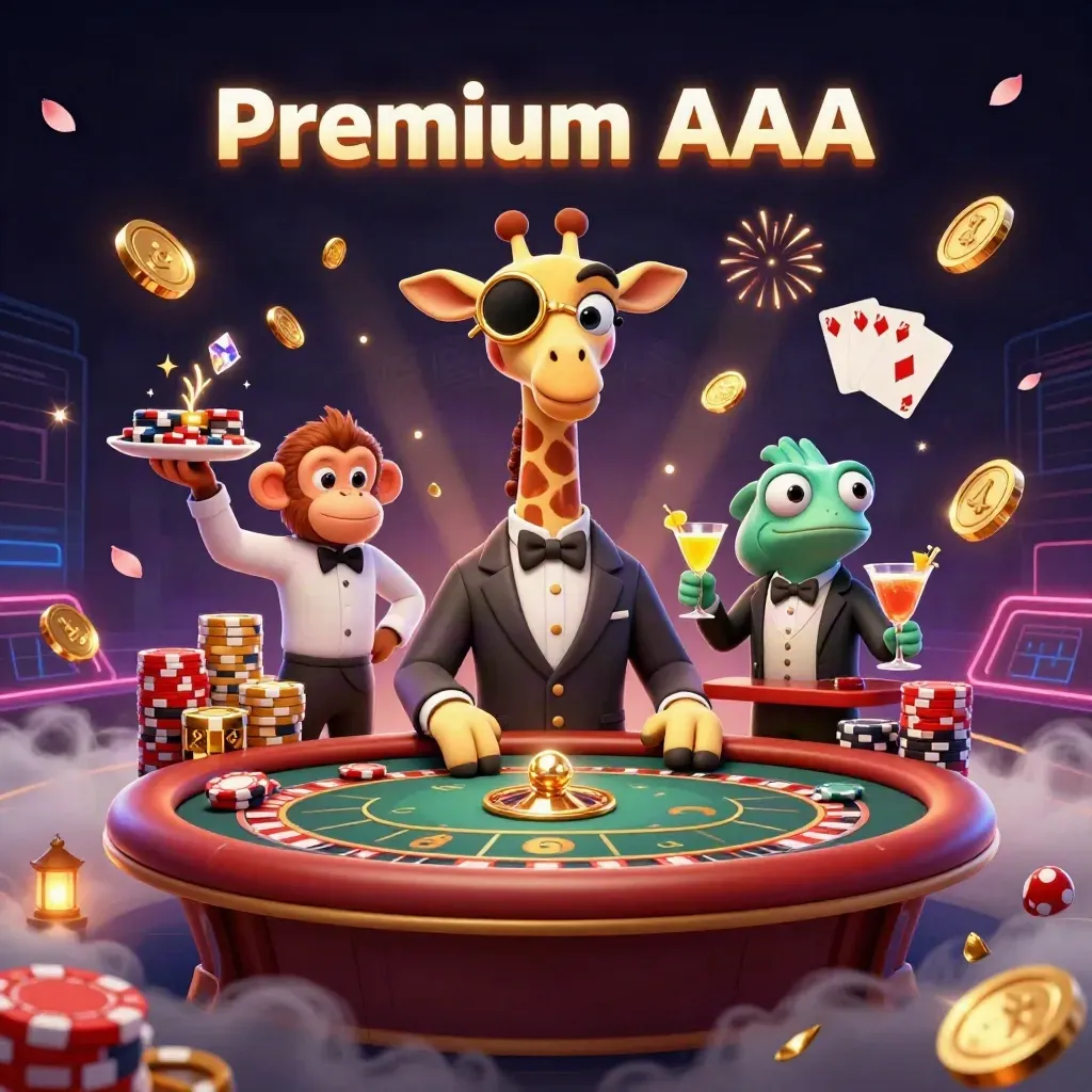 3D-Giraffe, Affe und Chamäleon feiern mit Goldmünzen, Karten und Feuerwerk im Casino.