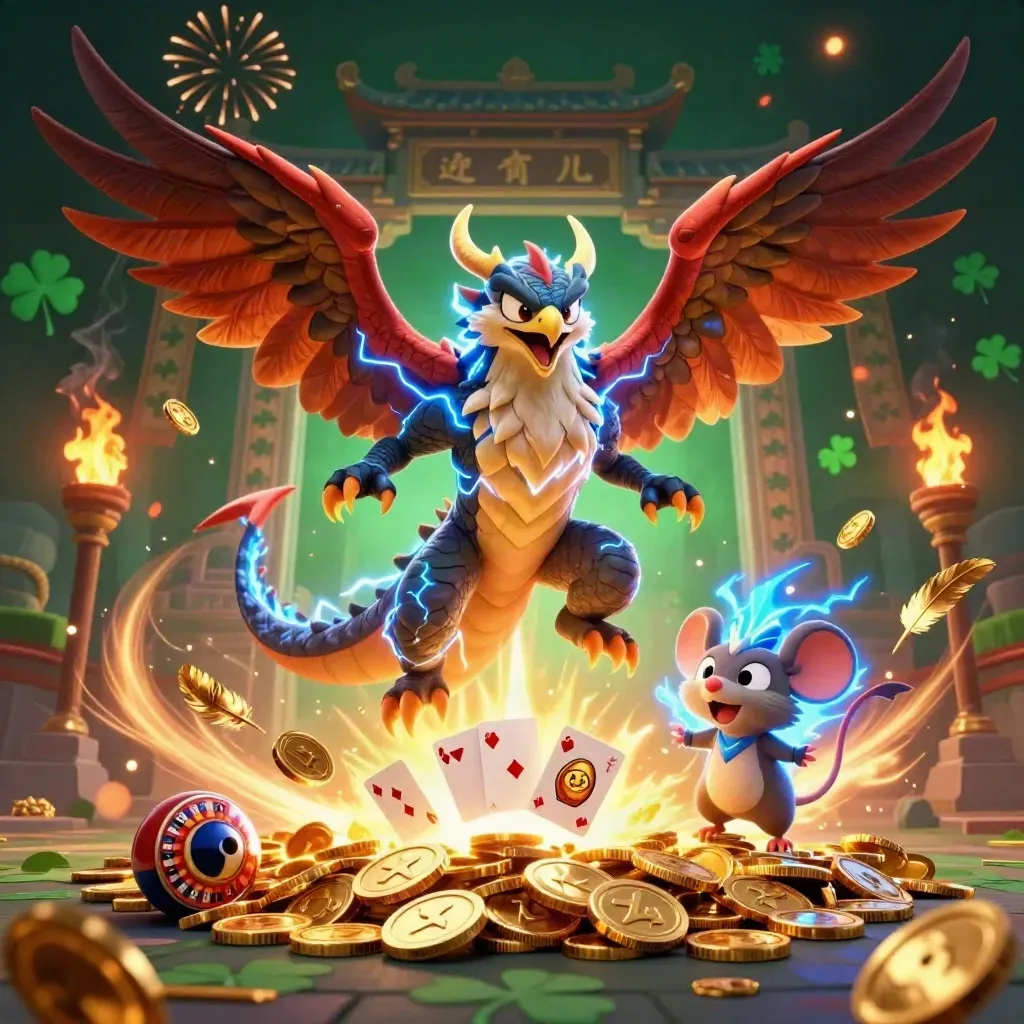 Drachen, Windfalke und Maus vor Goldregen, Tempeltor und Münzen im Casino-Look.