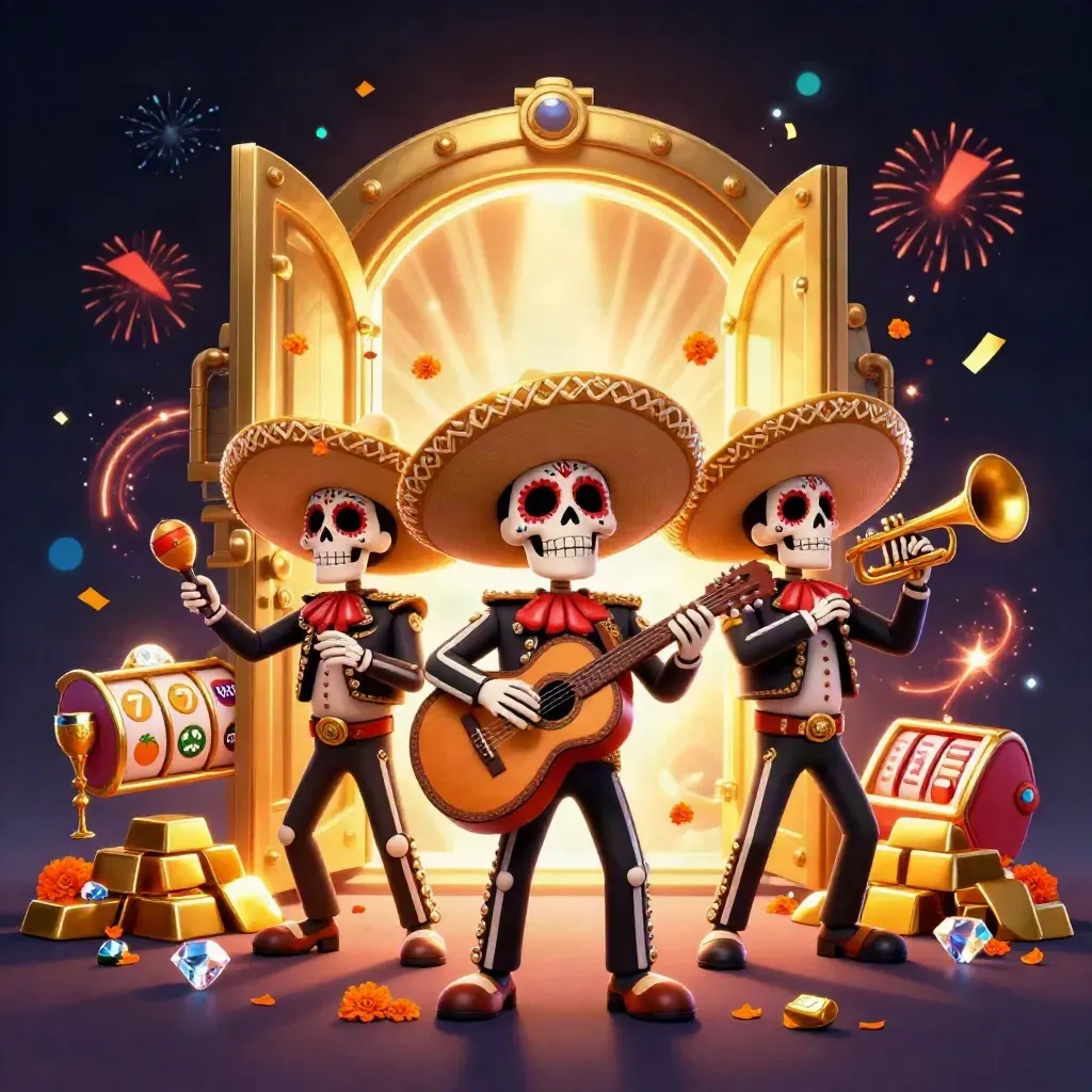 Drei Skelett-Mariachis vor Tresor, Gold, Slot-Reifen und funkelndem Casino-Licht.