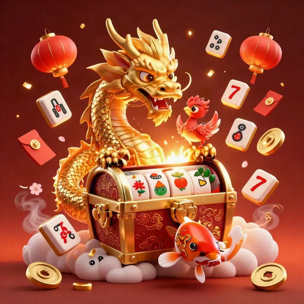 Goldener Drache mit Phönix und Koifisch, umgeben von Casino- und Mahjong-Elementen in Rot und Gold.