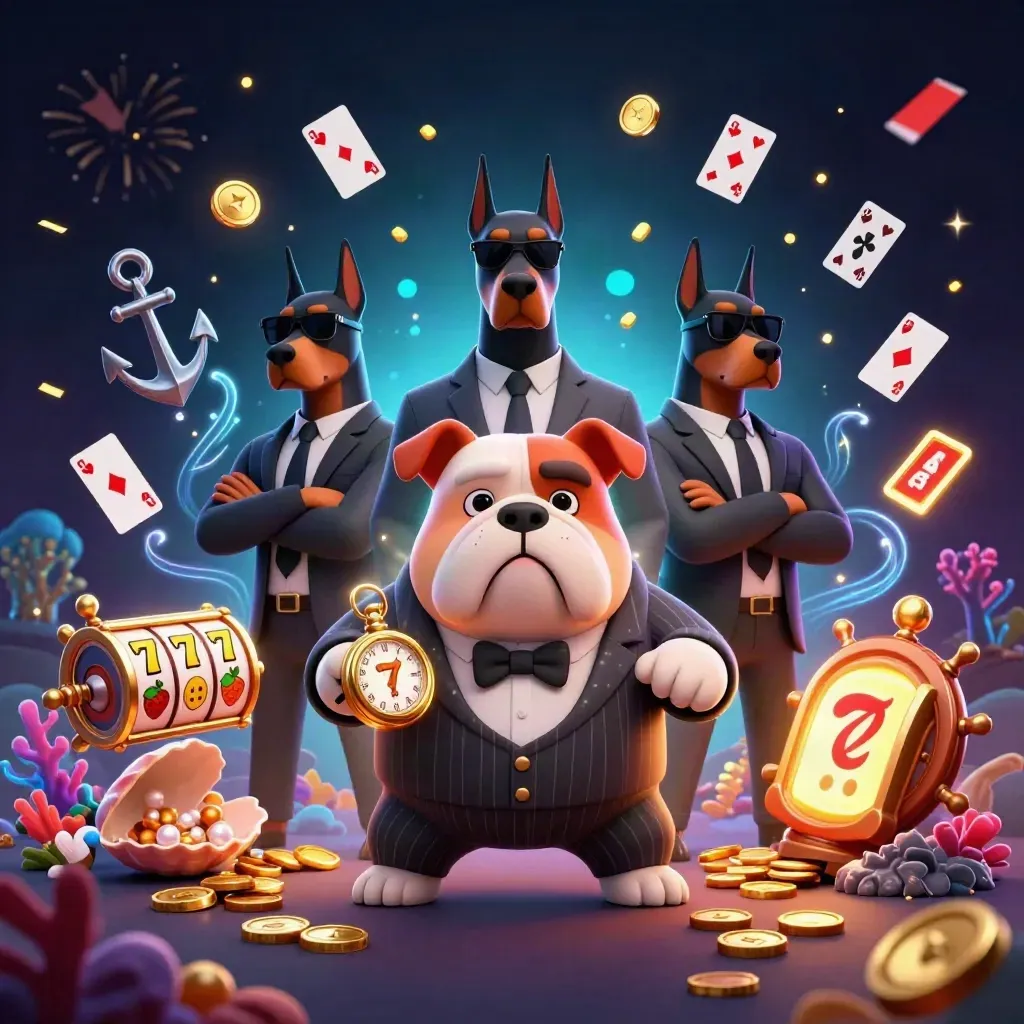 Bulldog im Nadelstreifen mit zwei Dobermännern vor Schatzkoralle, Münzen und Spielkarten.