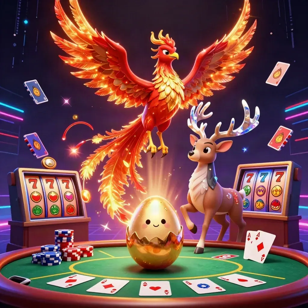 Phönix, Hirsch und Baby-Phönix vor Pokerchips, Slots und Neonhintergrund