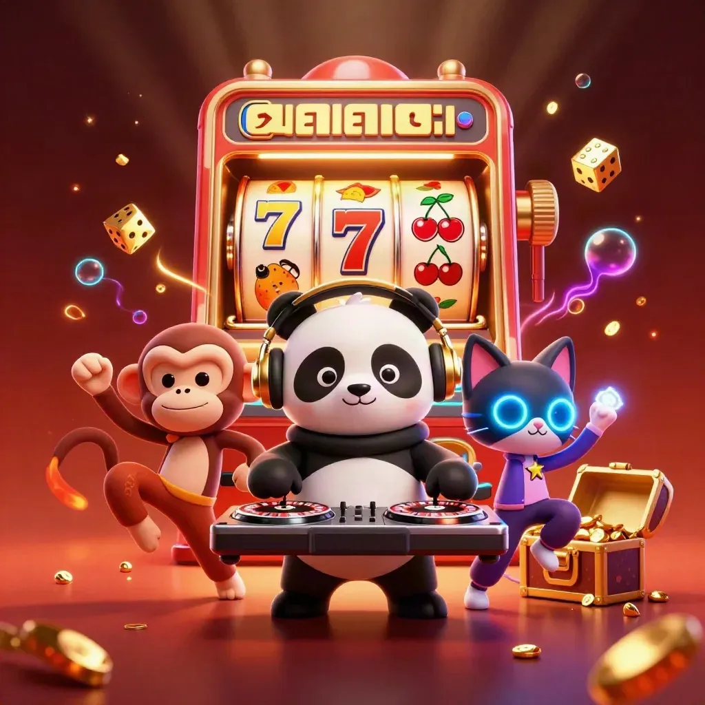 DJ-Panda, tanzender Affe und Leuchtkätzchen vor explodierendem Spielautomaten.