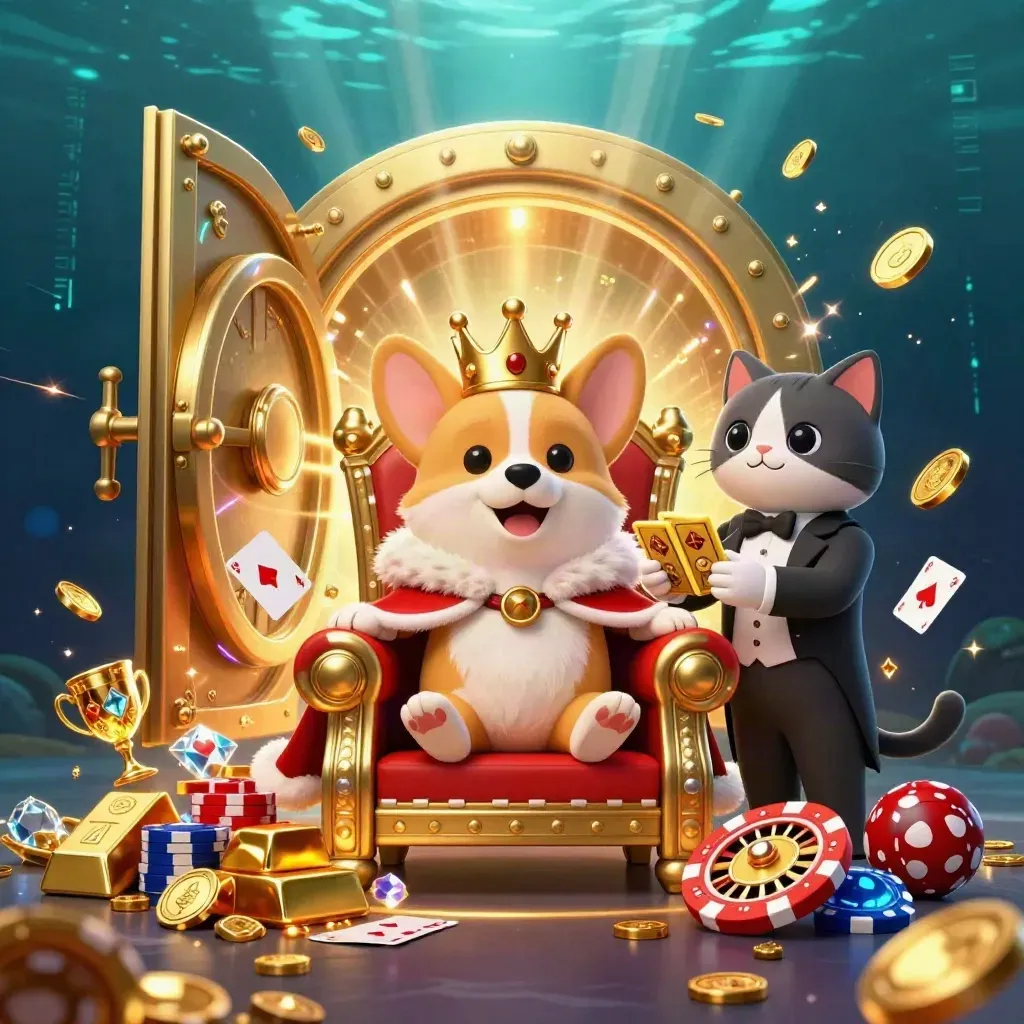 Königlicher Corgi und Katzenbutler vor Goldtresor, Münzen, Karten und Neonlicht.